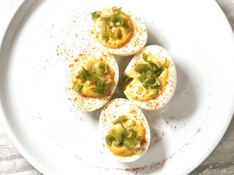 ABSOLUTELY DELICIOUS DEVILED EGGS WITH RELISH AND GREEN ONIONS